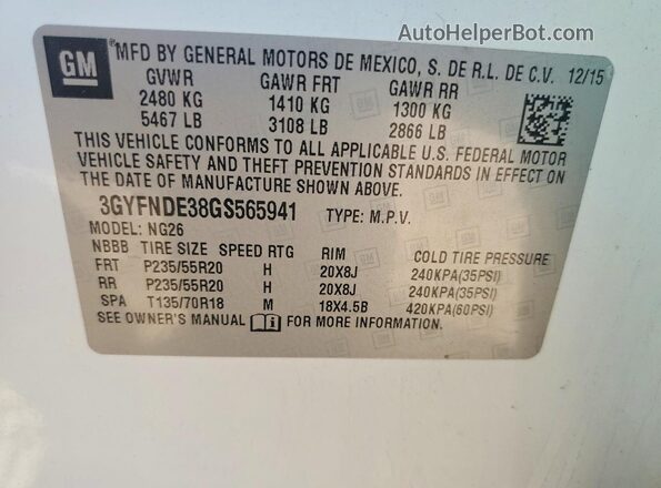 3GYFNDE38GS565941 2016 CADILLAC SRX White VIN sticker view