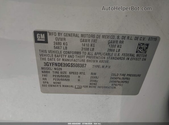 3GYFNDE39GS508387 2016 CADILLAC SRX Белый Вид подкапотного пространства