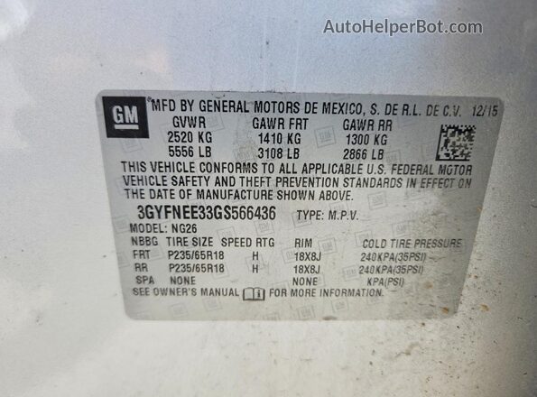 3GYFNEE33GS566436 2016 CADILLAC SRX White Շարժիչի բաժամունքի տեսք