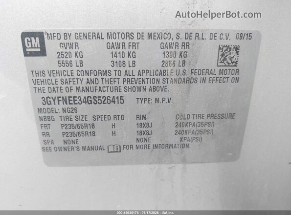 3GYFNEE34GS526415 2016 CADILLAC SRX Серебряный Вид подкапотного пространства