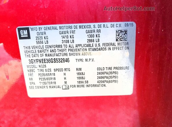 3GYFNEE36GS532846 2016 CADILLAC SRX Красный Панорамный вид салона 360°