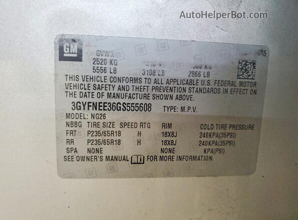 3GYFNEE36GS555608 2016 CADILLAC SRX Silver Vista de la etiqueta del VIN