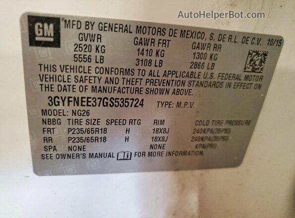 3GYFNEE37GS535724 2016 CADILLAC SRX Cream VIN sticker view