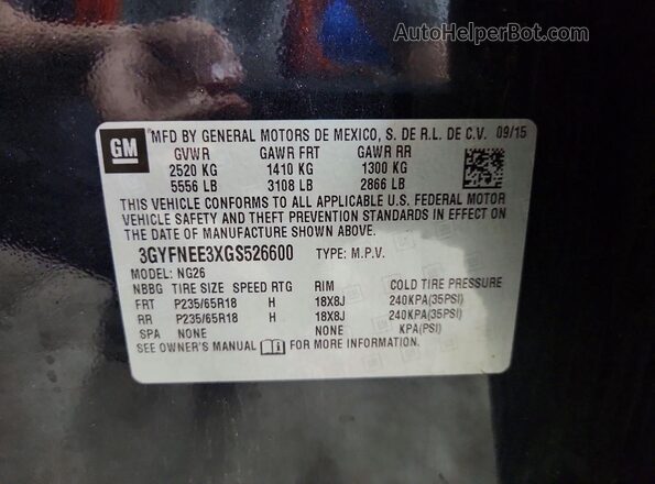 3GYFNEE3XGS526600 2016 CADILLAC SRX Charcoal Vista de la etiqueta del VIN