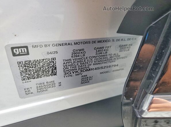 3GYK3DMR4SS216794 2025 CADILLAC OPTIQ White Widok naklejki z numerem VIN