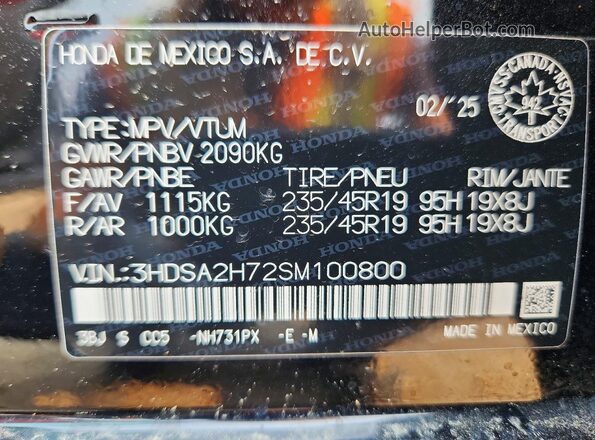 3HDSA2H72SM100800 2025 ACURA ADX Black VIN კოდის სტიკერის ხედი