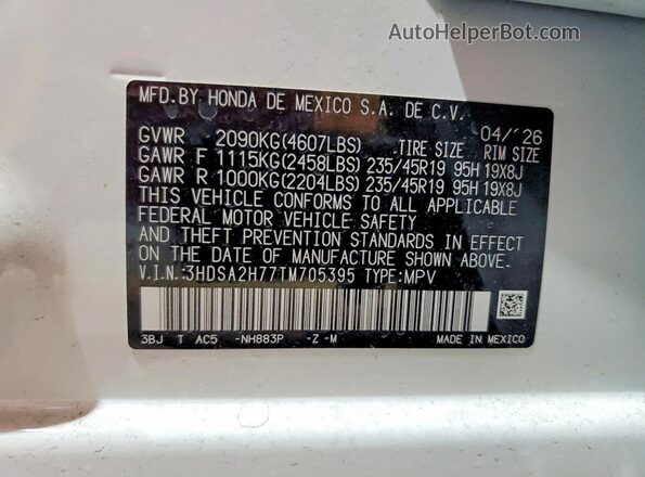 3HDSA2H77TM705395 2026 ACURA ADX White VIN კოდის სტიკერის ხედი