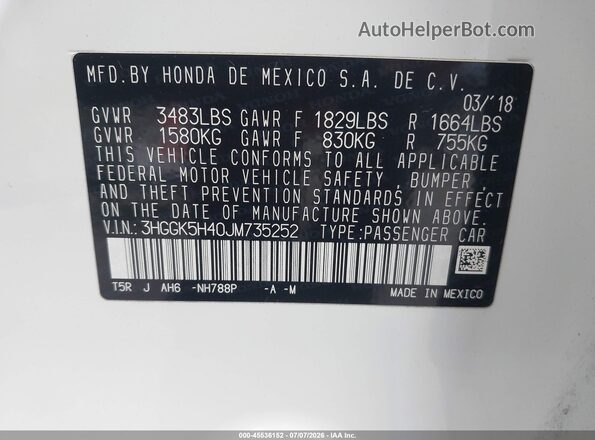 3HGGK5H40JM735252 2018 HONDA FIT Белый Вид подкапотного пространства