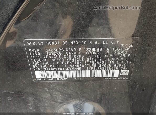 3HGGK5H40LM705445 2020 HONDA FIT Black Շարժիչի բաժամունքի տեսք