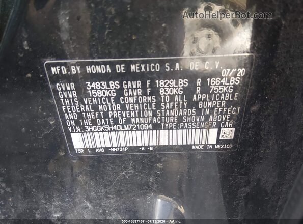 3HGGK5H40LM721094 2020 HONDA FIT Black Widok naklejki z numerem VIN