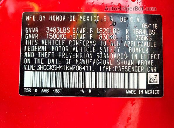3HGGK5H41KM706411 2019 HONDA FIT Красный Вид наклейки с VIN-кодом