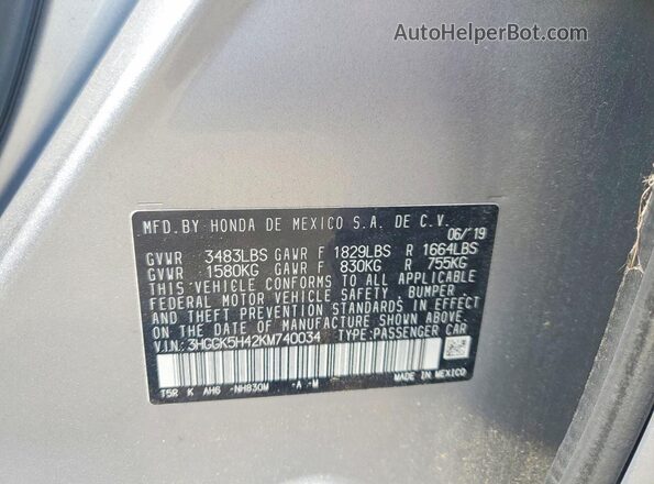 3HGGK5H42KM740034 2019 HONDA FIT Silver VIN sticker view