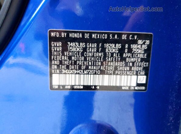 3HGGK5H42LM720710 2020 HONDA FIT Blue Շարժիչի բաժամունքի տեսք