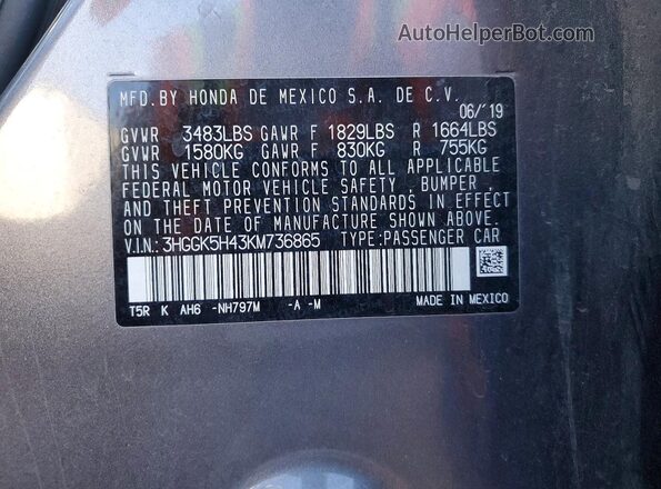 3HGGK5H43KM736865 2019 HONDA FIT Gray Вид наклейки з VIN-кодом