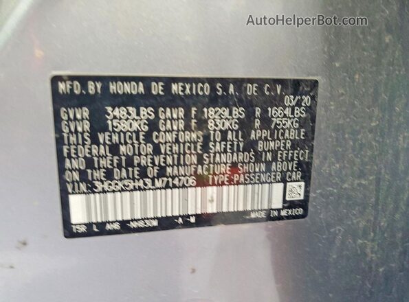 3HGGK5H43LM714706 2020 HONDA FIT Silver Շարժիչի բաժամունքի տեսք