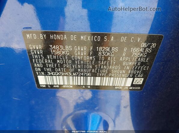 3HGGK5H43LM724796 2020 HONDA FIT Синий Вид подкапотного пространства
