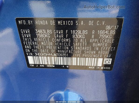 3HGGK5H44JM709351 2018 HONDA FIT Blue Widok komory silnika