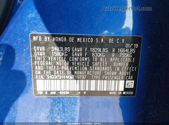3HGGK5H44KM719797 2019 HONDA FIT Синий Вид подкапотного пространства