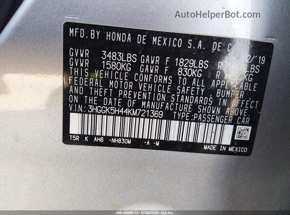 3HGGK5H44KM721369 2019 HONDA FIT Silver Vista del compartimento del motor