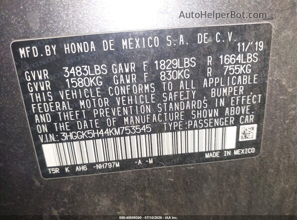 3HGGK5H44KM753545 2019 HONDA FIT Gray Engine compartment view