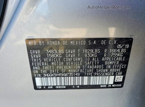 3HGGK5H45KM735149 2019 HONDA FIT Silver Widok naklejki z numerem VIN