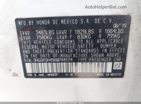 3HGGK5H45KM744174 2019 HONDA FIT White Вид підкапотного простору