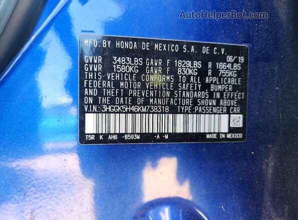 3HGGK5H46KM738318 2019 HONDA FIT Blue ძრავის განყოფილების ხედი