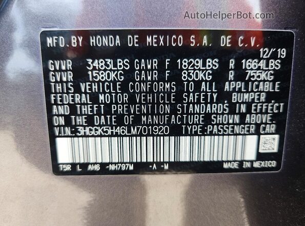 3HGGK5H46LM701920 2020 HONDA FIT Gray Widok komory silnika