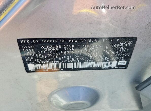 3HGGK5H46LM710990 2020 HONDA FIT Silver ძრავის განყოფილების ხედი