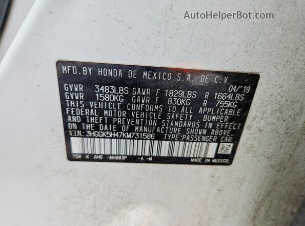 3HGGK5H47KM731586 2019 HONDA FIT White VIN sticker view