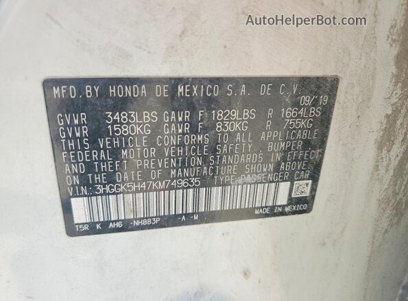 3HGGK5H47KM749635 2019 HONDA FIT White Вид підкапотного простору