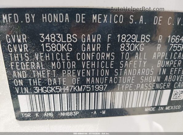 3HGGK5H47KM751997 2019 HONDA FIT White Widok komory silnika