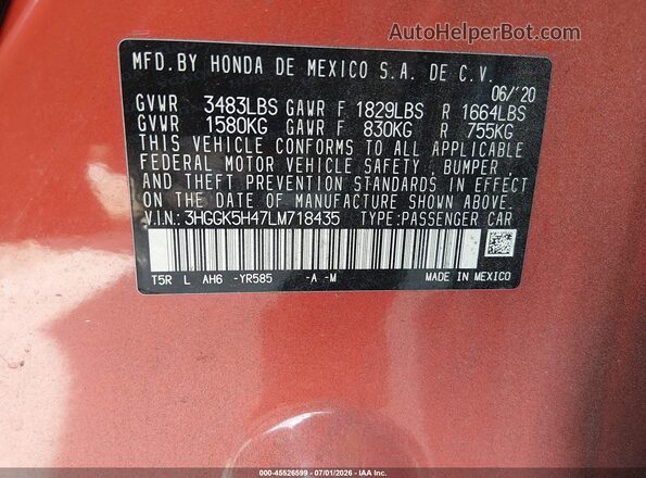 3HGGK5H47LM718435 2020 HONDA FIT Оранжевый Вид подкапотного пространства
