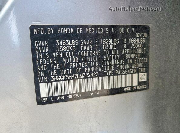 3HGGK5H47LM722422 2020 HONDA FIT Silver VIN կոդի պիտակի տեսք