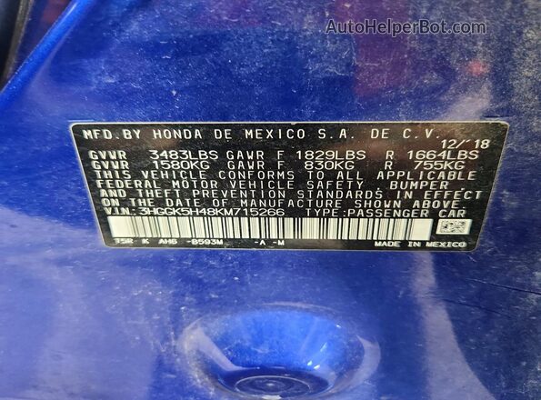 3HGGK5H48KM715266 2019 HONDA FIT Blue Vista interior de 360 grados