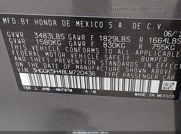 3HGGK5H48LM720436 2020 HONDA FIT Gray Вид підкапотного простору