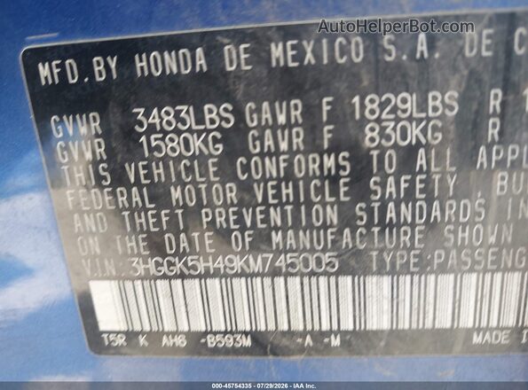 3HGGK5H49KM745005 2019 HONDA FIT Blue ძრავის განყოფილების ხედი