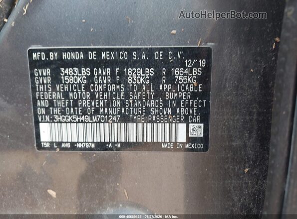 3HGGK5H49LM701247 2020 HONDA FIT Gray ძრავის განყოფილების ხედი