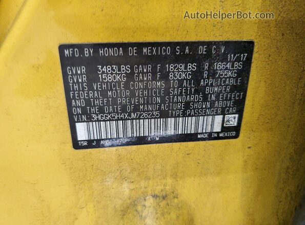 3HGGK5H4XJM726235 2018 HONDA FIT Yellow Vista del compartimento del motor