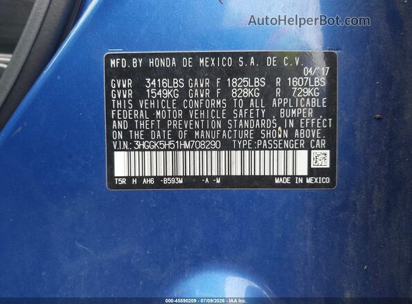 3HGGK5H51HM708290 2017 HONDA FIT Blue Вид підкапотного простору