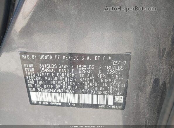 3HGGK5H51HM714087 2017 HONDA FIT Gray Շարժիչի բաժամունքի տեսք