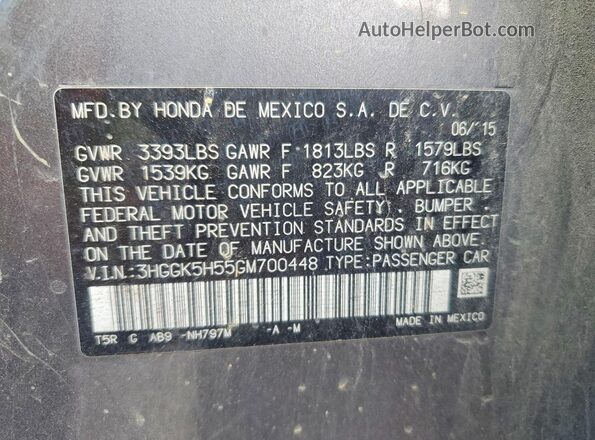 3HGGK5H55GM700448 2016 HONDA FIT Gray Widok komory silnika
