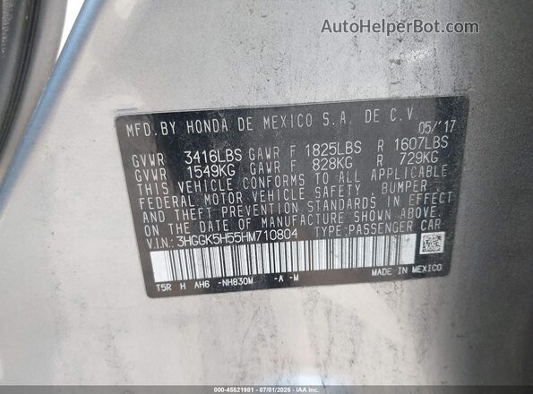 3HGGK5H55HM710804 2017 HONDA FIT Silver ძრავის განყოფილების ხედი