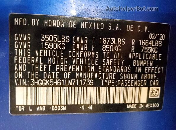 3HGGK5H61LM711739 2020 HONDA FIT Blue Vista del compartimento del motor