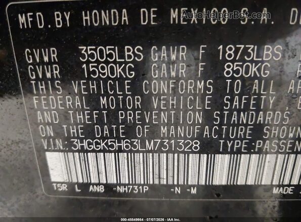 3HGGK5H63LM731328 2020 HONDA FIT Черный Вид подкапотного пространства