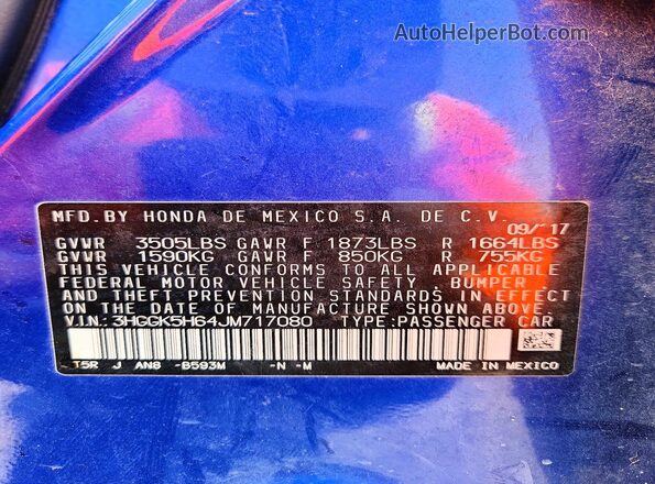 3HGGK5H64JM717080 2018 HONDA FIT Blue Շարժիչի բաժամունքի տեսք
