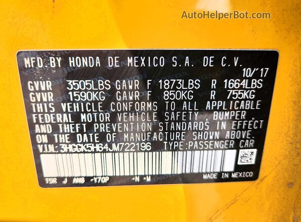 3HGGK5H64JM722196 2018 HONDA FIT Yellow Widok naklejki z numerem VIN