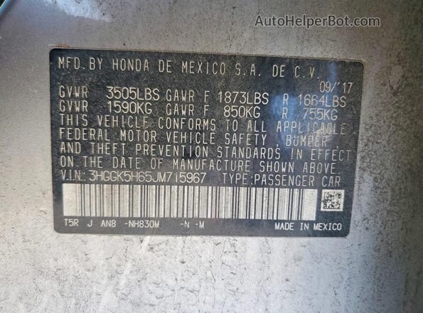 3HGGK5H65JM715967 2018 HONDA FIT Silver Vista de la etiqueta del VIN