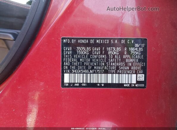 3HGGK5H66JM717517 2018 HONDA FIT Red Widok komory silnika