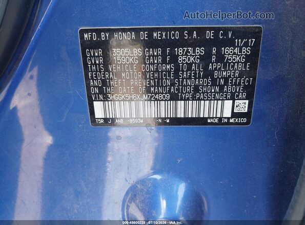 3HGGK5H6XJM724809 2018 HONDA FIT Blue Շարժիչի բաժամունքի տեսք